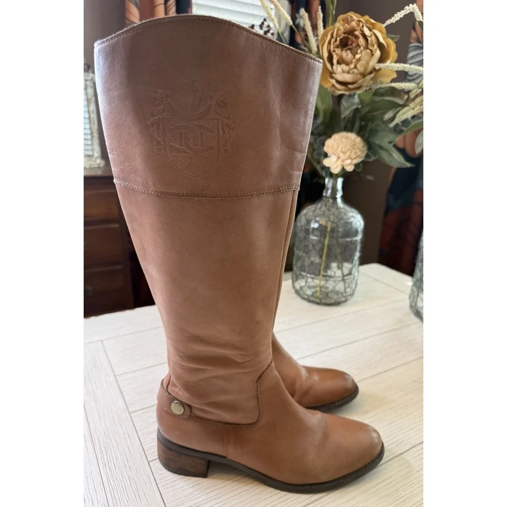 Etienne Aigner Womens Leather Tall Riding Boots Tan Sz 9 M‎ Zip Close Block Heel